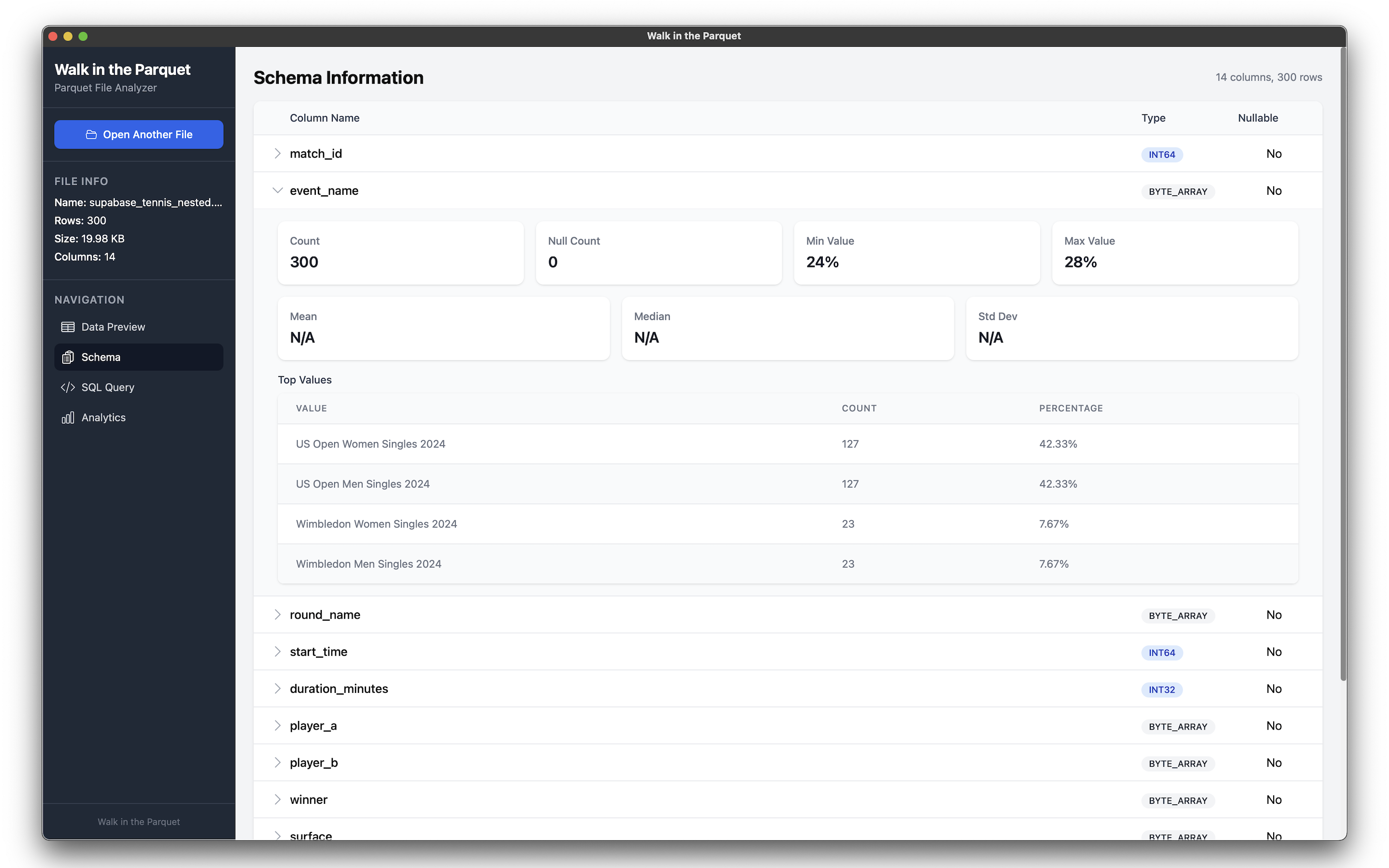 Schema information screen