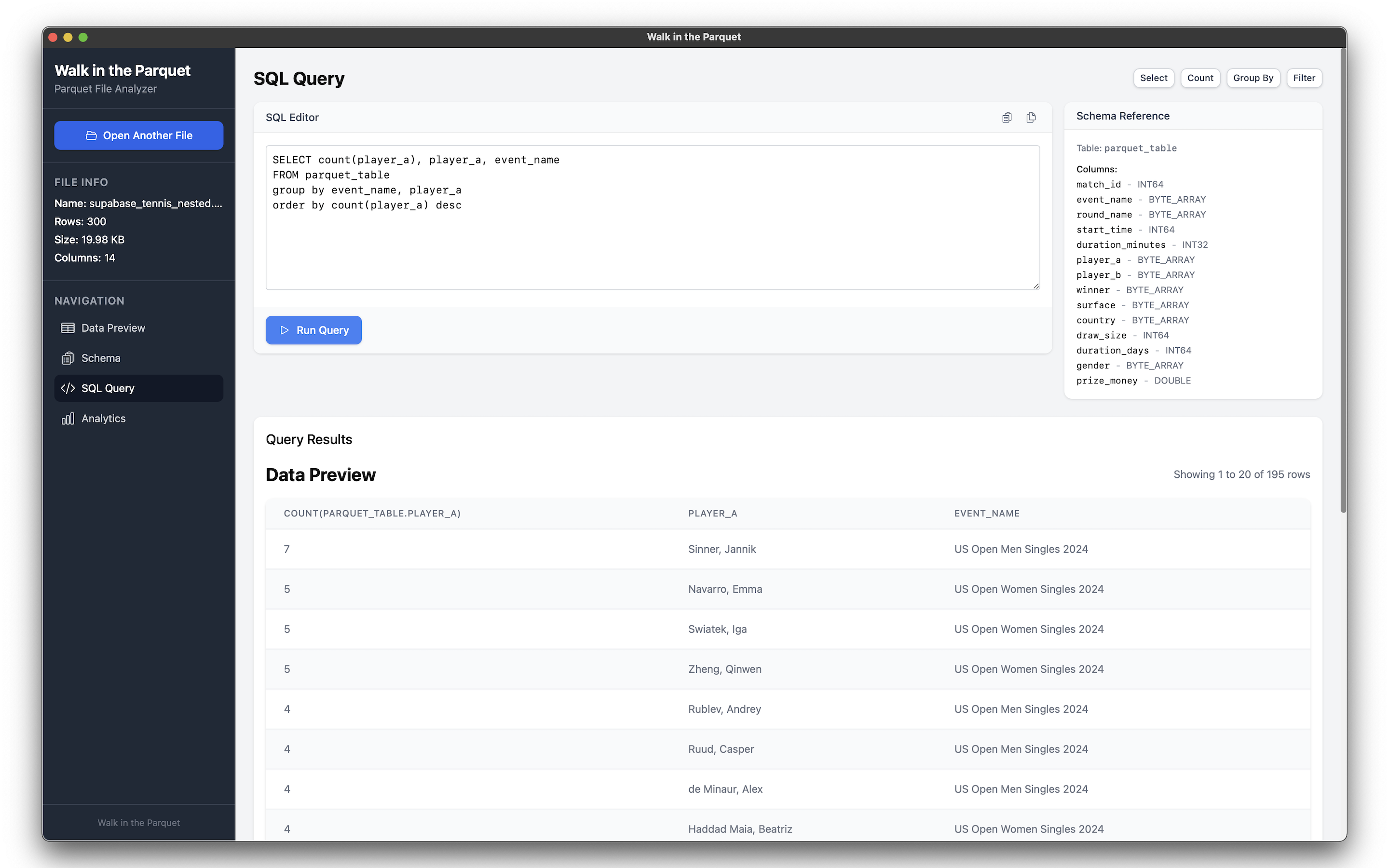 SQL query screen