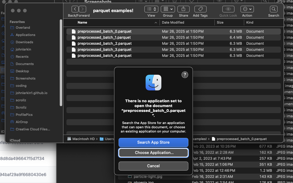 Mac OS error showing no application found to open Parquet file
